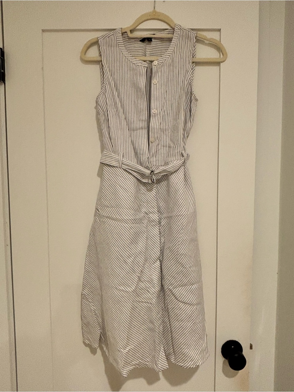 Banana Republic White and Black Striped Sleeveless Belted Midi Dress